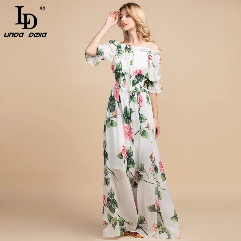 Ld Linda Della Zomer Mode Boho Maxi Jurk Vrouwen Elastische Taille Casual Rose Bloemenprint Vakantie Elegante Partij Lange jurk Ld Linda Della Zomer Mode Boho Maxi Jurk Vrouwen Elastische Taille Casual Rose Bloemenprint Vakantie Elegante Partij Lange jurk
