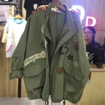 

2020 Autumn New Women Casual Bomber jacket Patch printing Rivets Zip Oversize Female Coat Army Green Cotton Outerwear Streetwear