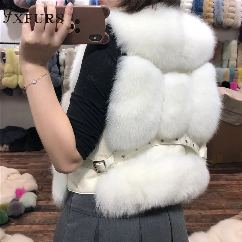 FXFURS жилет из натурального Лисьего меха женские модные меховые жилеты с заклепками без рукавов куртки короткое меховое голье кожаный зимний мех