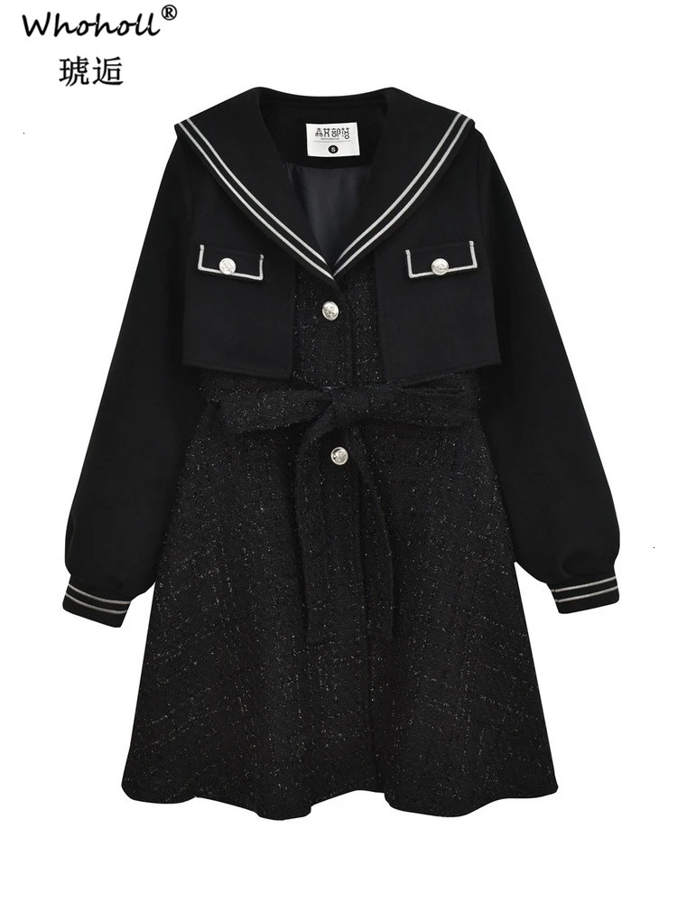 

Female Overcoat Sailor Collar Fake Two Piece Windbreaker Wool Blends Winter High Waist Wool Coat Women Winter Femme