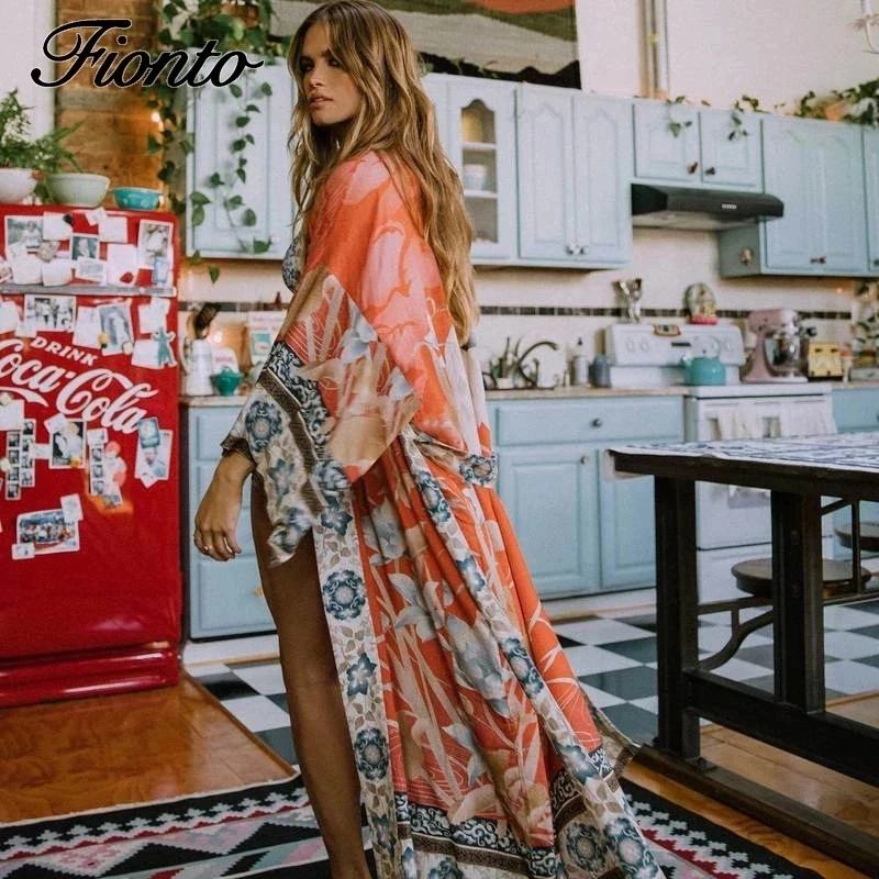 Gran playa Kimono 2020 abrigo naranja estampado Vintage Floral Bikini para vacaciones salida Boho flojo Cardigan largo abrigo de moda de