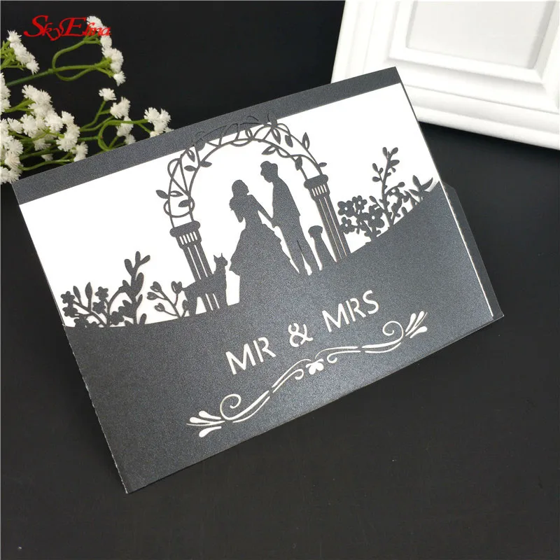 Black 10 шт. лазерная резка MR& MRS романтическое приглашение на празднование свадьбы карты свадебные приглашения деликатный резной рисунок с пустой внутренней Page7Z - Цвет: Black