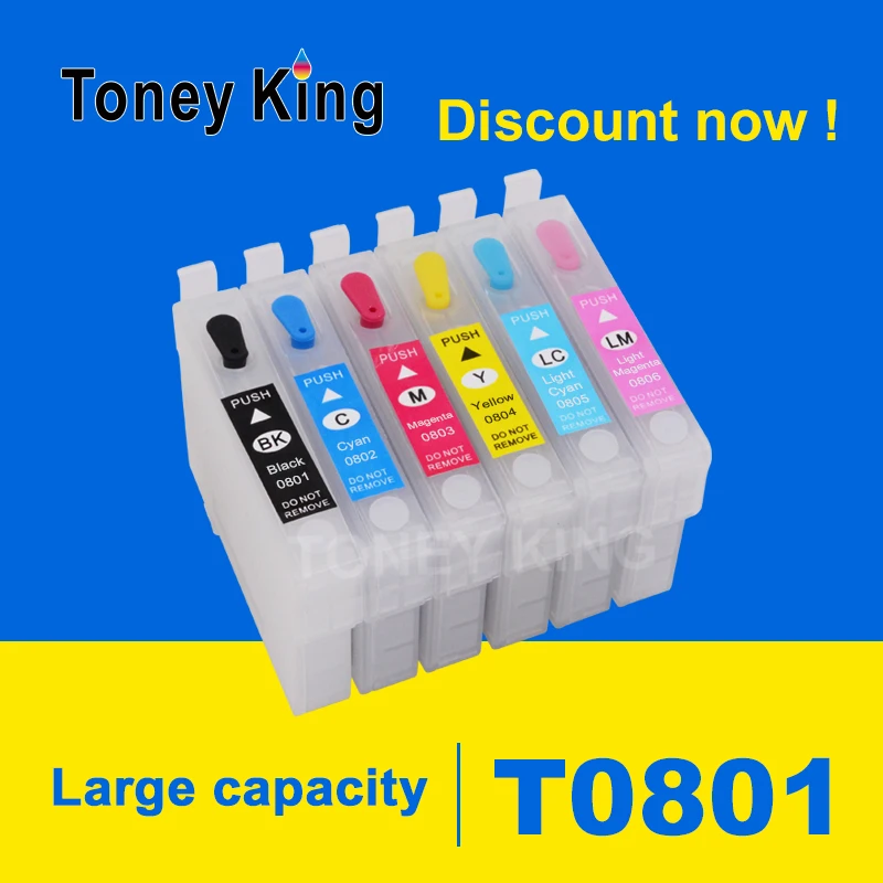 

Toney King Refill Ink Cartridge T0801 T0802 T0803 T0804 T0805 T0806 For Epson Stylus Photo P50 T59 R265 270 285 290 360 Printer