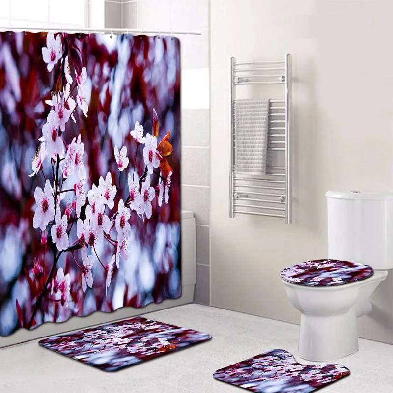 

Flower Pattern Shower Curtain Polyester Waterproof Modern Pedestal Rug Lid Toilet Cover Mat Anti-slip Bath Mat Bathroom Curtain
