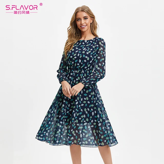 S.FLAVOR Vintage Chiffon Autumn Dress Women Bohemian Long Sleeve A Line Dress O Neck Summer Beach Vestidos 1