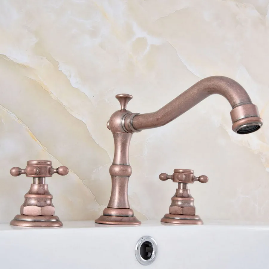 

Antique Copper Double Cross Handle Basin Sink Faucet Kitchen Bathroom 8" 3 Holes Deck Mount Hot and Cold Water Mixer Tap 2nf630