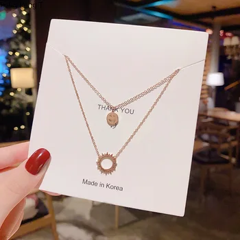 

Double smiley face sun Necklace femininity New rose gold chain titanium steel pendant in 2020