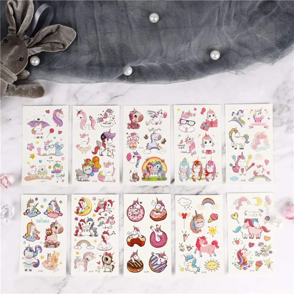 Juego de 10 láminas de tatuajes temporales calcomanías de unicornio para niños, tatuaje de fiesta impermeable