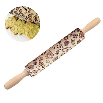 

WSFS Hot Christmas Wooden Rolling Pins, Christmas tree Shape Decor Embossing Rolling Pin,with Handle Engraved Xmas Symbols Carve