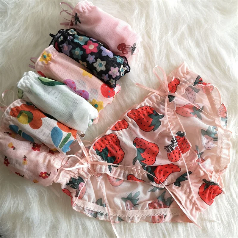

Seamless Panties For Women Cute Fruit Printed Girl Briefs Sexy Lace Underwear Ruffle Bow Lingerie Breathable Cotton Crotch Thong