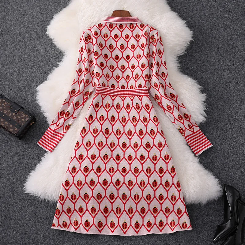 Fashion Autumn Winter Dress Women New Runway Designer Long Sleeve Print Aline Knit Sweater Dress Casual Female Vestidos