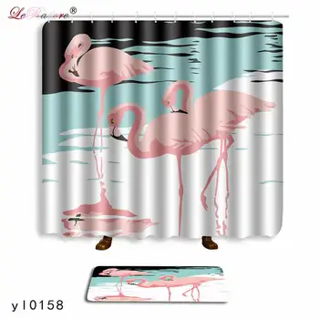 

LeRadore American Style Bathroom Curtain Set Crane Print Shower Curtains and Non-slip Bath Mat Set for Doormat