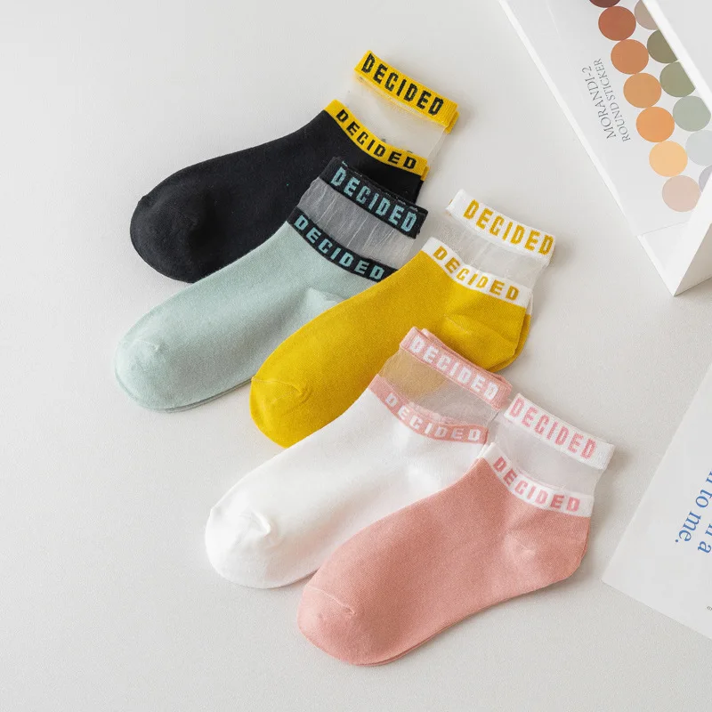 

Women Transparent Letter Patterned Socks Funny Hollow Out Cotton Short Socks Thin Summer Casual Ankle Socks Girls Comfort Sox