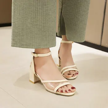 

Sianie Tianie solid patent PU leather chunky 6cm high heels sexy lady summer shoes opem toe buckle strap PVC clear sandals women