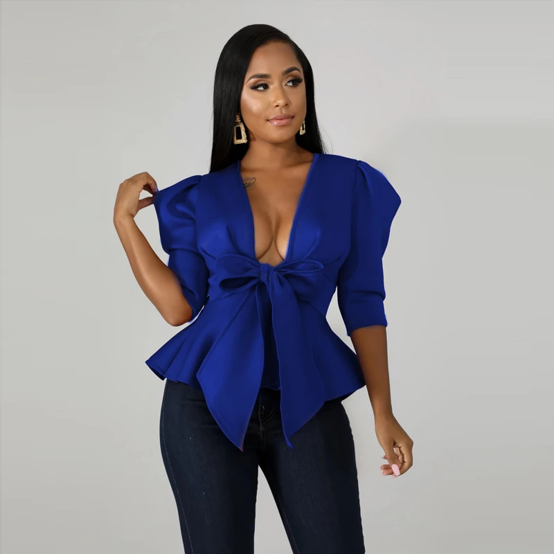 royal blue Женские осенние пышные вечерние блузки с рукавом средней длины и v-образным вырезом с рюшами, Клубные вечерние блузки, рубашки, модные элегантные топы, пальто, 4 цвета - Цвет: royal blue