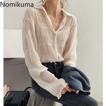 

Nomikuma Chiffon Blouse Women Korean Elegant Plus Size Shirt 2020 Spring Single Breasted Turn Down Collar OL Style Tops 3Z048