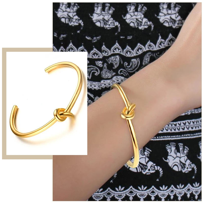 Stainless Steel Bracelet Candid Style Knot Cuff Bangle for Women Gold Color Tie Charm
