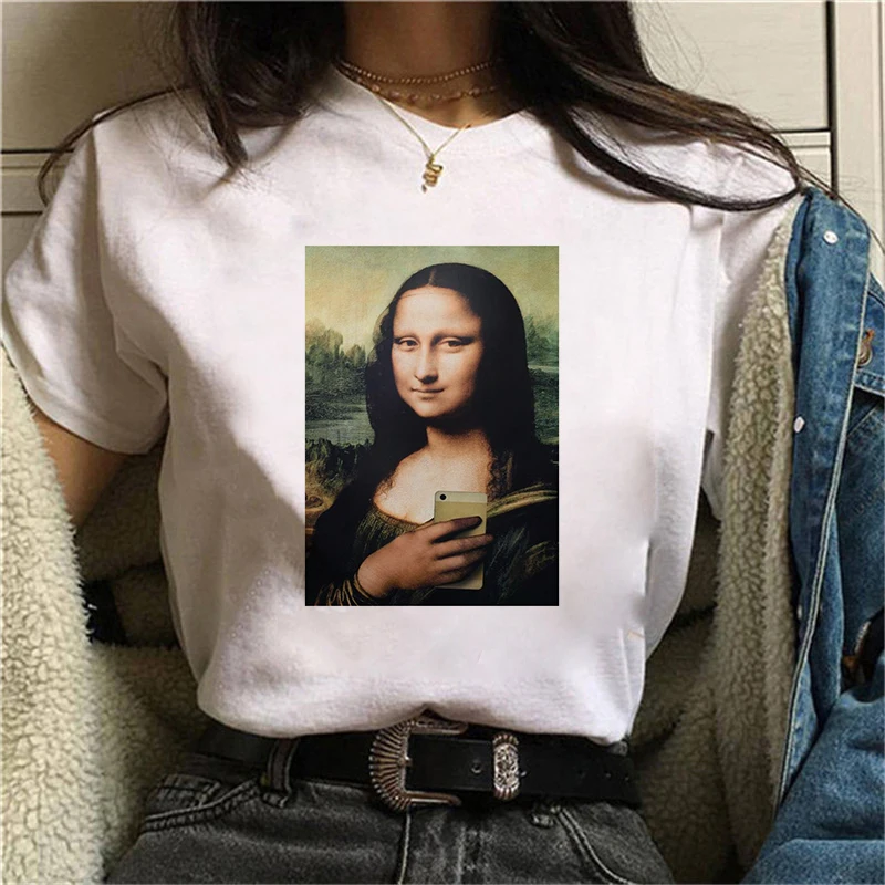 Women's T-shirt Mona Lisa Theme Print T-shirt Clothes White TShirt Harajuku Graphic T-shirt Fashion   Landscape T-shirt Female