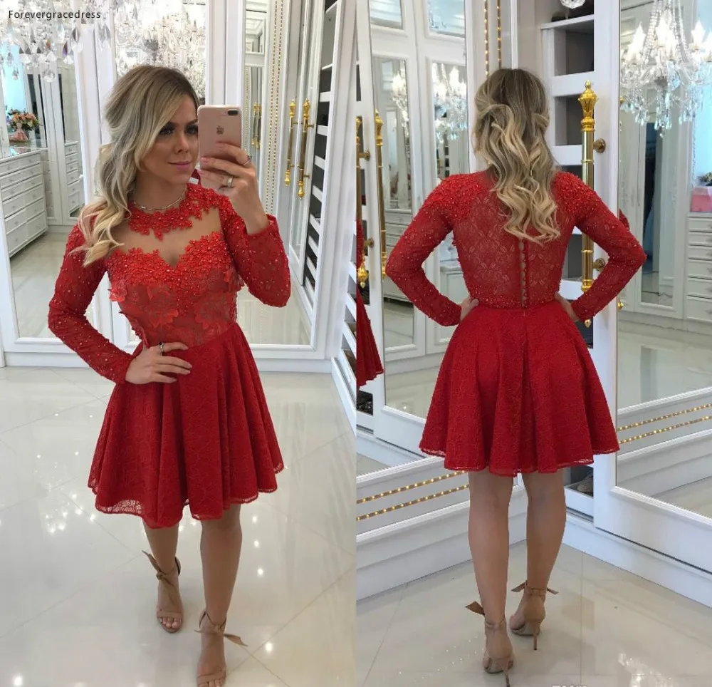 Little Red Vintage Long Sleeves Short Homecoming Dresses 2018 Retro Appliques Sheer Crew Neck Ruffles Chiffon Knee Length Cocktail Prom Gown  108