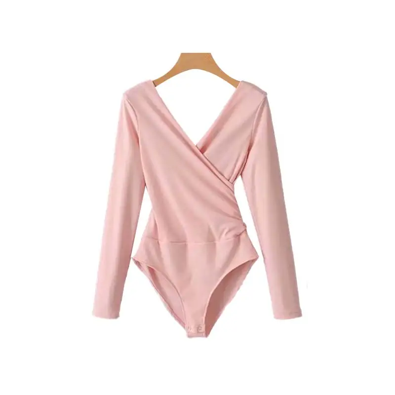 pink Wonder, новинка, сексуальные женские трикотажные боди с перекрестным v-образным вырезом, эластичный пояс, длинный рукав, эластичные комбинезоны, одноцветные женские модные топы - Цвет: pink