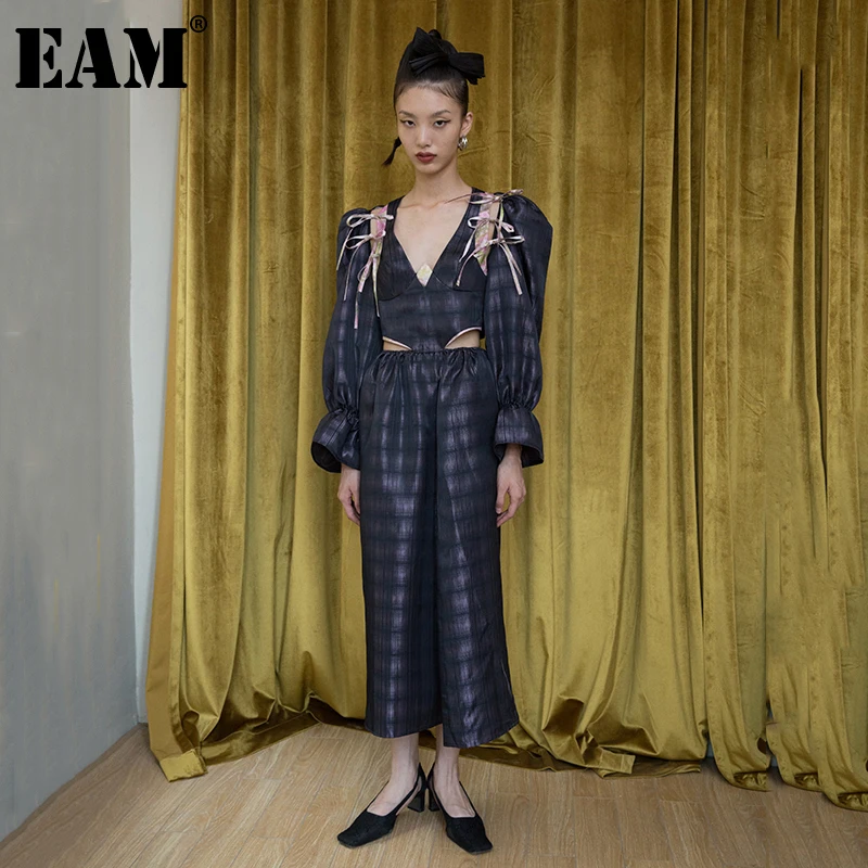 [EAM] Women Pattern Printed Hollow Out Long Dress