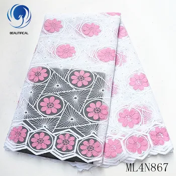 

BEAUTIFICAL French lace fabrics white bridal lace fabric with pink embroidery Top sale nigerian tulle lace fabric ML4N867