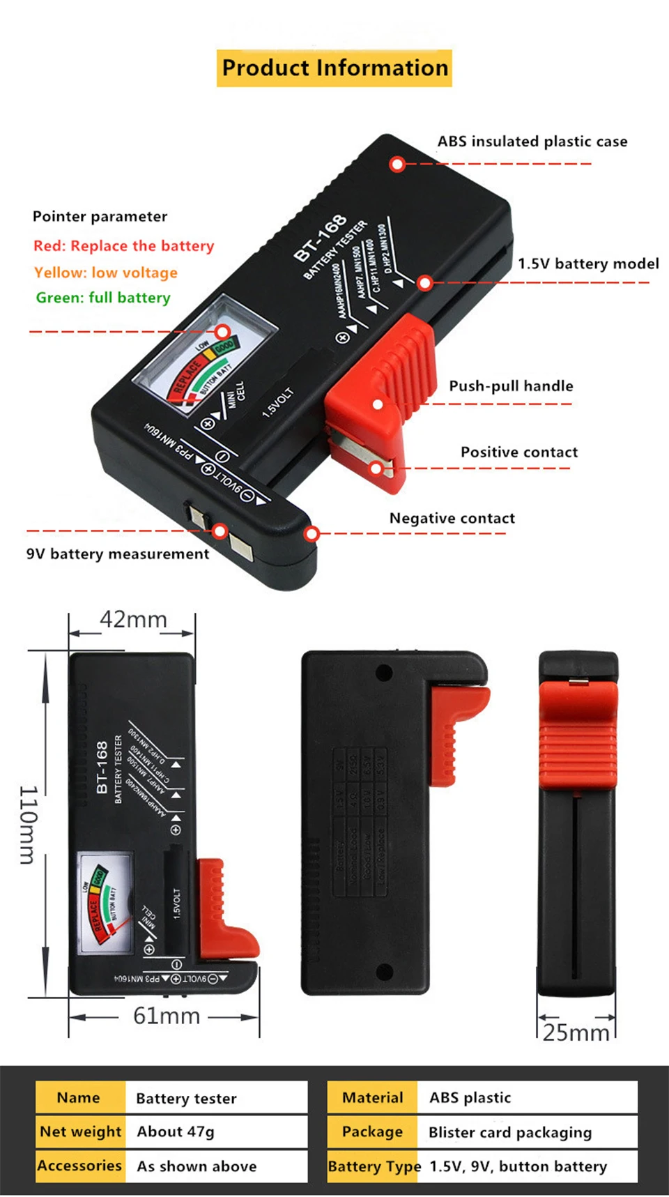 Battery Tester Volt Tester For AA AAA 9V Button Multiple Size Battery Tester Checker Portable Universal Digital Battery Tester