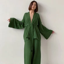 

Restve Cotton Women's Nightgown 2 Pieces Set Drop Sleeves Robe Trouser Suits Flare Female Pajamas Autumn Bathrobe For Woman 2021