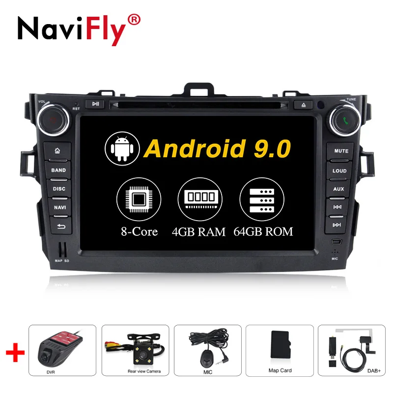 NaviFly 4+ 64G Android9.0 автомобиль радио мультимедиа плеер gps Navi для Защитные чехлы для сидений, сшитые специально для Toyota corolla 2007 2008 2009 2010 2011 dvd стерео радио gps - Цвет: 4GB-64GB-CAM-DVR-DAB