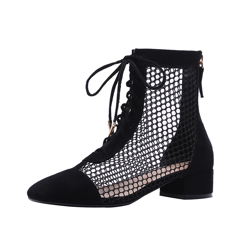 

High-heeled leather Martin boots summer boots new net boots hollow belt with thick with breathable mesh short boots women