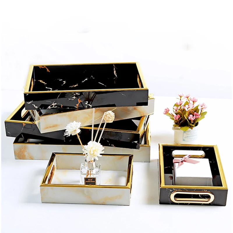 

Nordic Marbling Rectangular Trays Food Jewelry Cosmetics Non-slip Decorative Tray Black White Pallet Tabletop Home Decor