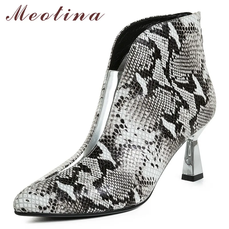 

Meotina Autumn Ankle Boots Women Natural Genuine Leather Kitten High Heel Short Boots Snake Print Zipper Shoes Female Size 34-39