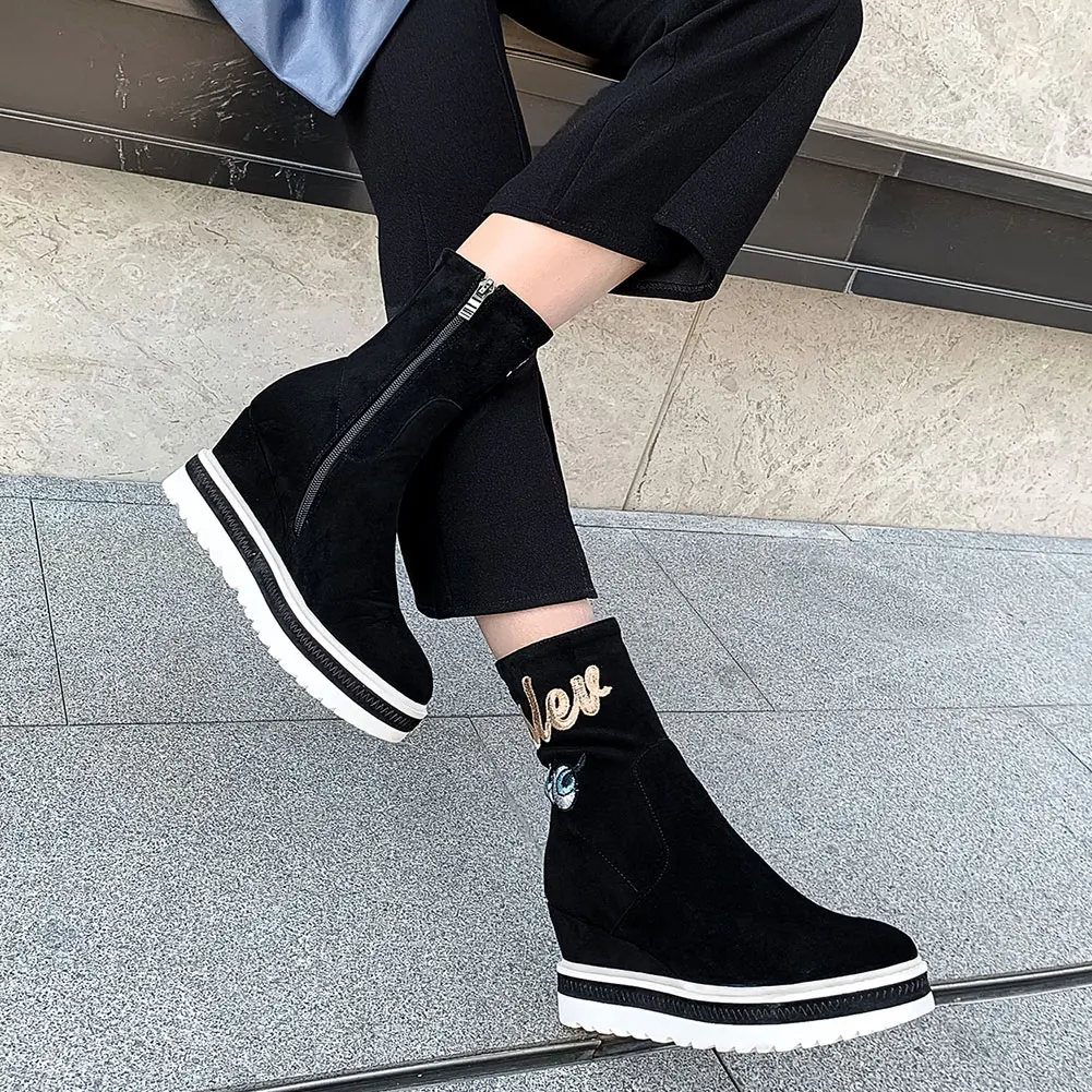 

SARAIRIS 2020 Fashion Cartoon Embroidery Wedges High Heel Boots Female Shoes Woman Winter Walking Ankle Boots Women Shoes