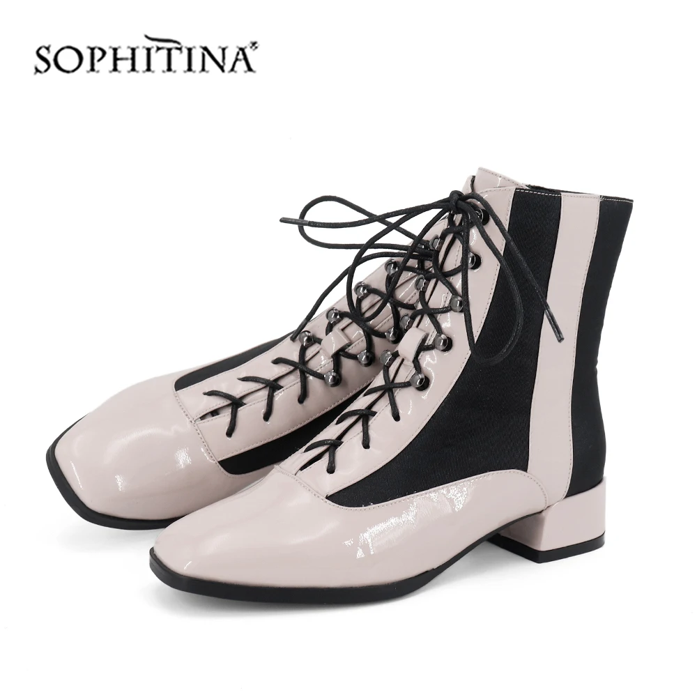 

SOPHITINA Fashion Mixed Colors Ankle Boots High Quality Patent Leather Square Heel Square Toe Lace-Up New Women's Shoes SC427