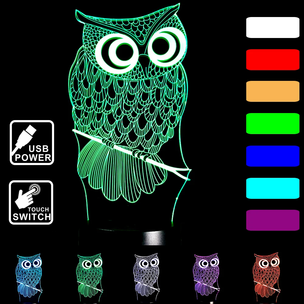  Owl Xmas Gift Home decoration LED Desk Table Lamp 7 Color 3D Night light Touch control Child gift h