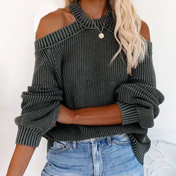 

Sweaters Knitted Pullovers Fashion Ladies O-neck Strapless Sexy Solid Tops Female Casual Loose Warm Streetwear Autumn/winter New