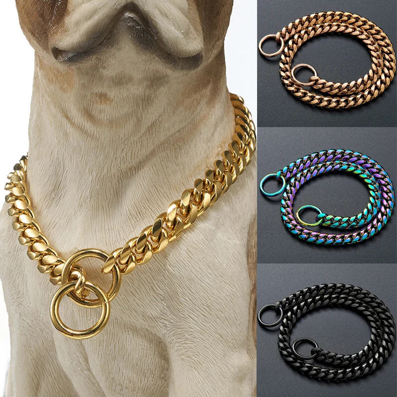 10mm Gold Dog Chain Collar Stainless Steel Necklace Dog Stuff Training Metal Durable P Chain Choker