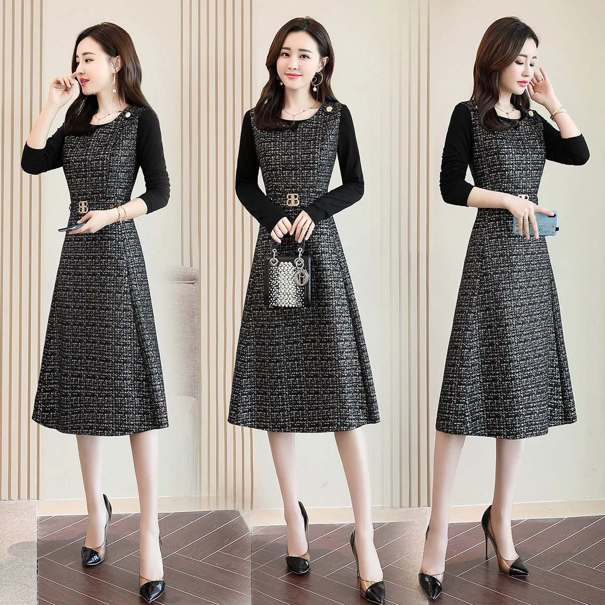 

Early Autumn Dress 2019 New Style Korean Models Autumn Slimming Elegant Two-Piece Set Thousands of Birds Set Medium-length Dress