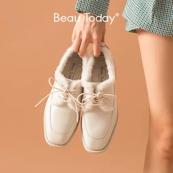 

BeauToday Flats Women Soft Sheepskin Wool Square Toe Lace-Up Closure Genuine Leather Female Derby Shoes Handmade 21442