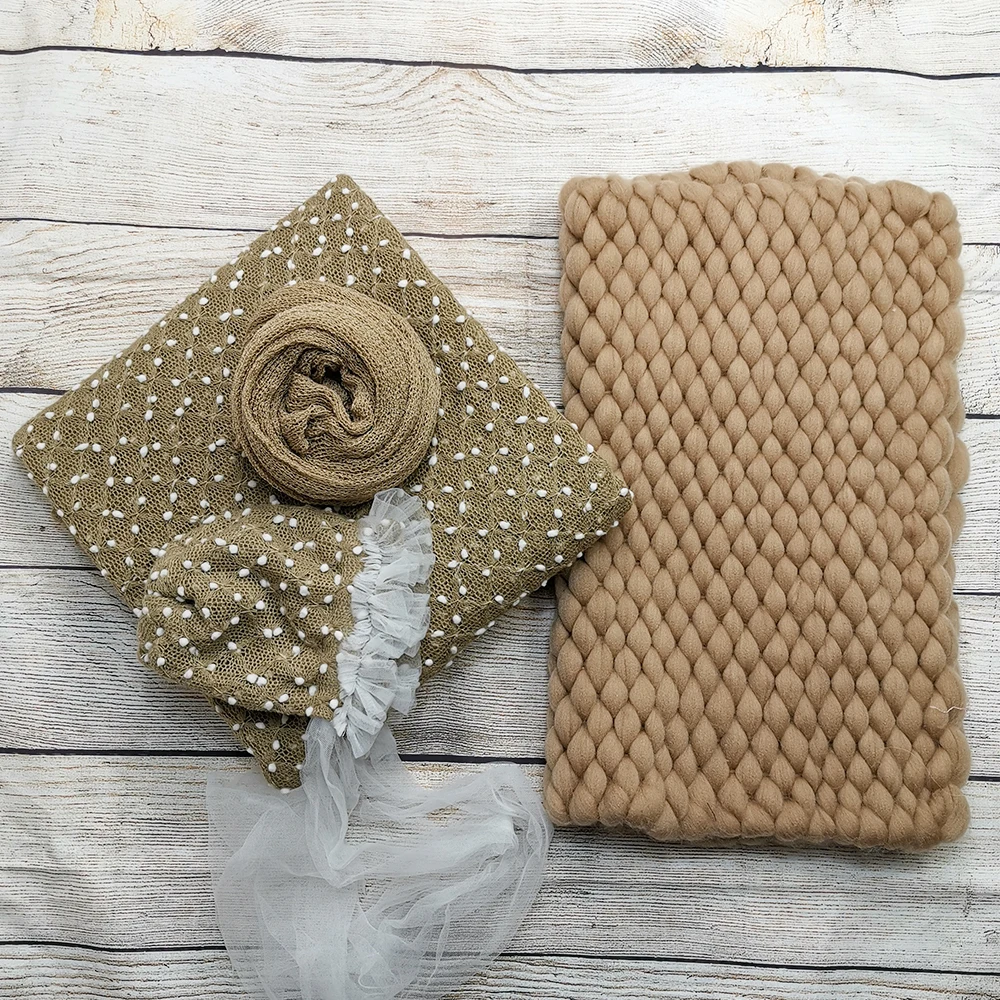 

A Set Knit Bobble Wraps,Floral Baby Flower Bonnet,45*50cm Handcraft Blanket,140*30cm Stretch Wrap for Newborn Photography Props