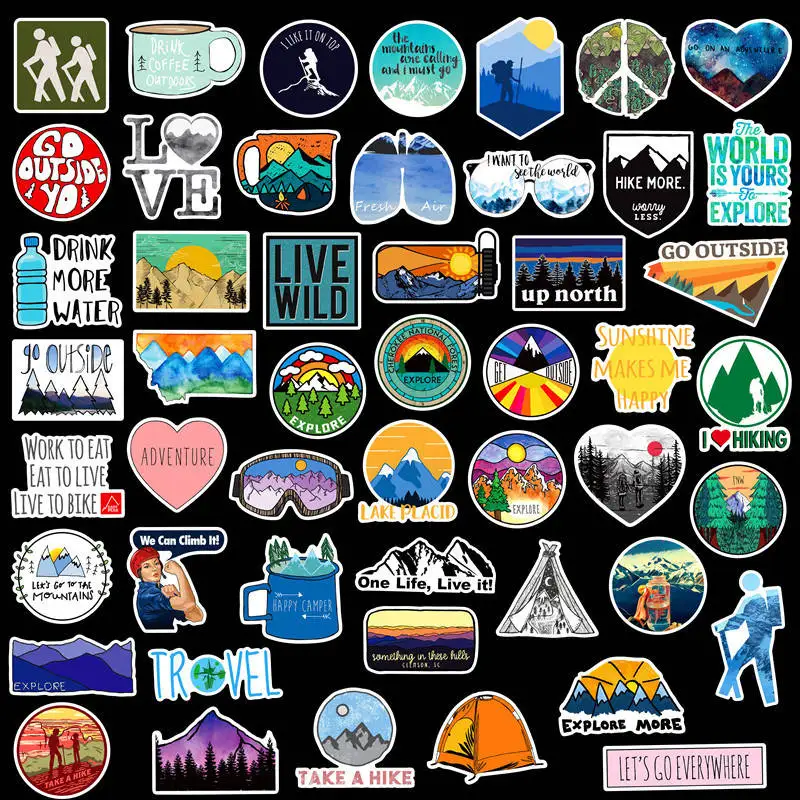 50 PCS Camping Travel Stickers Scrapbooking Adventure Outdoor Landscape Sticker Waterproof Sticker For Laptop Travel Case Fridge