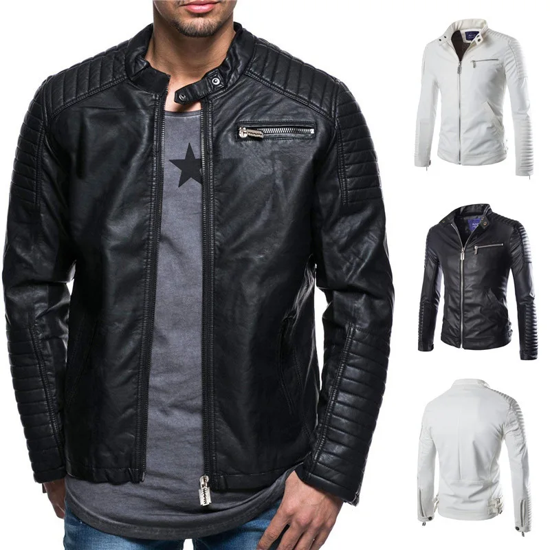 

2018 Autumn And Winter New Style Fashion Solid Color Sleeves Pleated Large Size Stand Collar Men Leather Jacket Py65