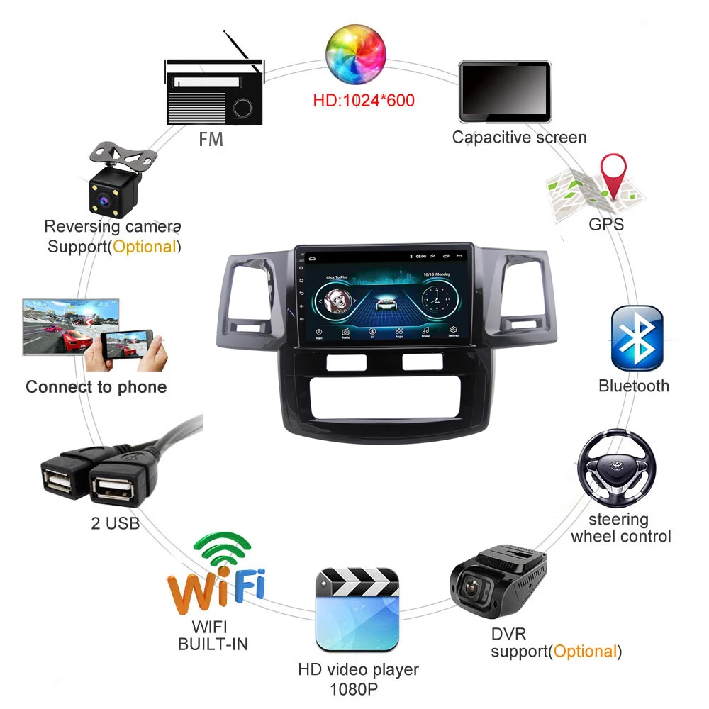 Автомобильный радиоприемник для Тойота Королла Hilux 2007- Android 8,1 HD Сенсорный экран 9 дюймов с Bluetooth с поддержкой USB SWC заднего вида cam