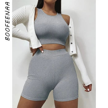 

BOOFEENAA Sexy Ribbed 2 Pc Set for Women Clothes Crop Tops Biker Shorts Sports Two Piece Outfits Ladies Tracksuit Sets C68-BE21