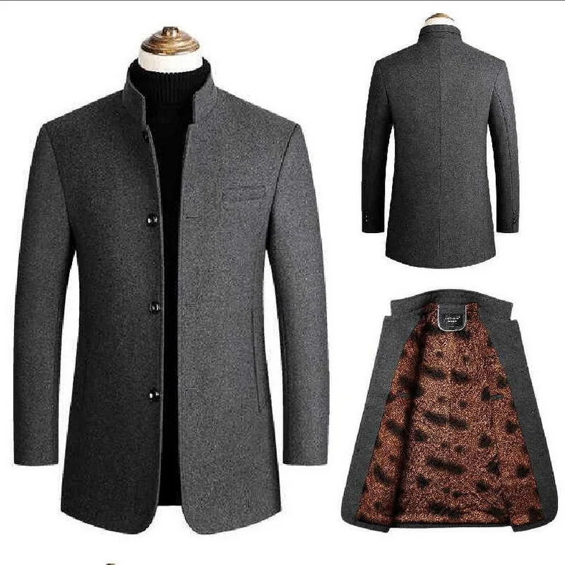 

Woolen Men Wool Coat Thick Velvet Tunic Collar Woolen Overcoat Long Blend Coat Woolen Coat