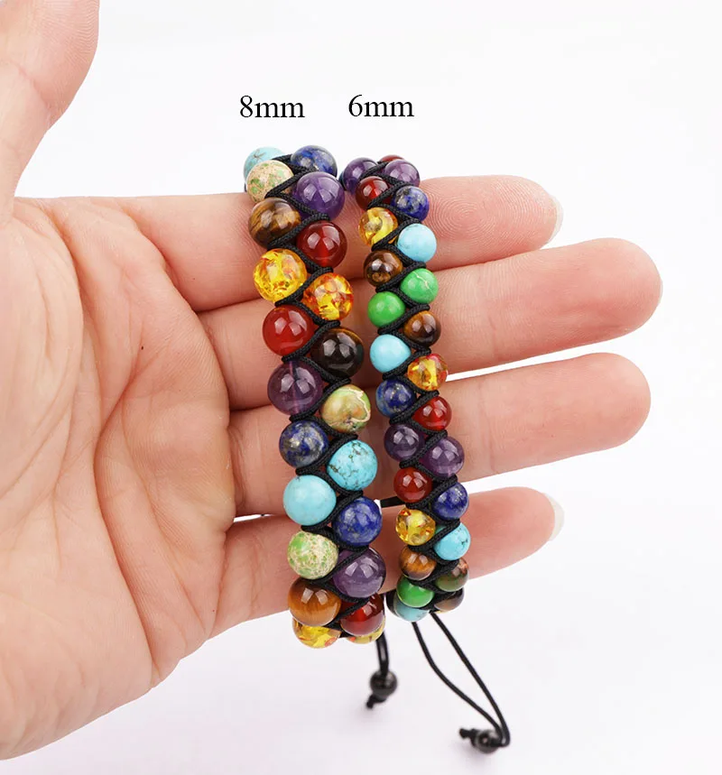 High Quality 7 Charka 8mm Stone Beads Double Layer Link Cord Bracelet Adjustable Woven Wrap for Women Men - Image 4