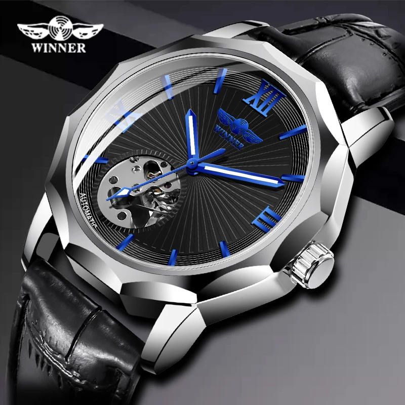 

Winner Blue Ocean Geometry Design Transparent Skeleton Dial Mens Watch Top Brand Luxury Automatic Fashion Mechanical Watch Clock