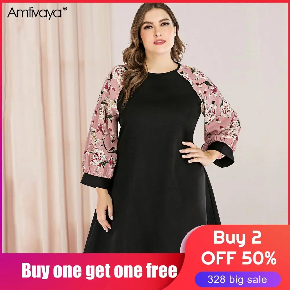 

Amtivaya Plus Size Women's Dresses Long Sleeve Midi Dress with Slim Sash Spring 2020