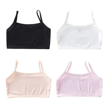 

Puberty Girls Training Bra Spaghetti Strap Solid Color Underwear Ribbed Cotton Cartoon Rabbit Label Camis Brassiere