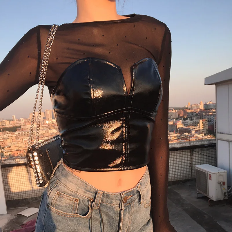 Shstyle, v-образный вырез, искусственная кожа, черные женские Топы без бретелек, сексуальный бюстгальтер, короткие, одноцветные, на молнии, укороченные женские топы, повседневные